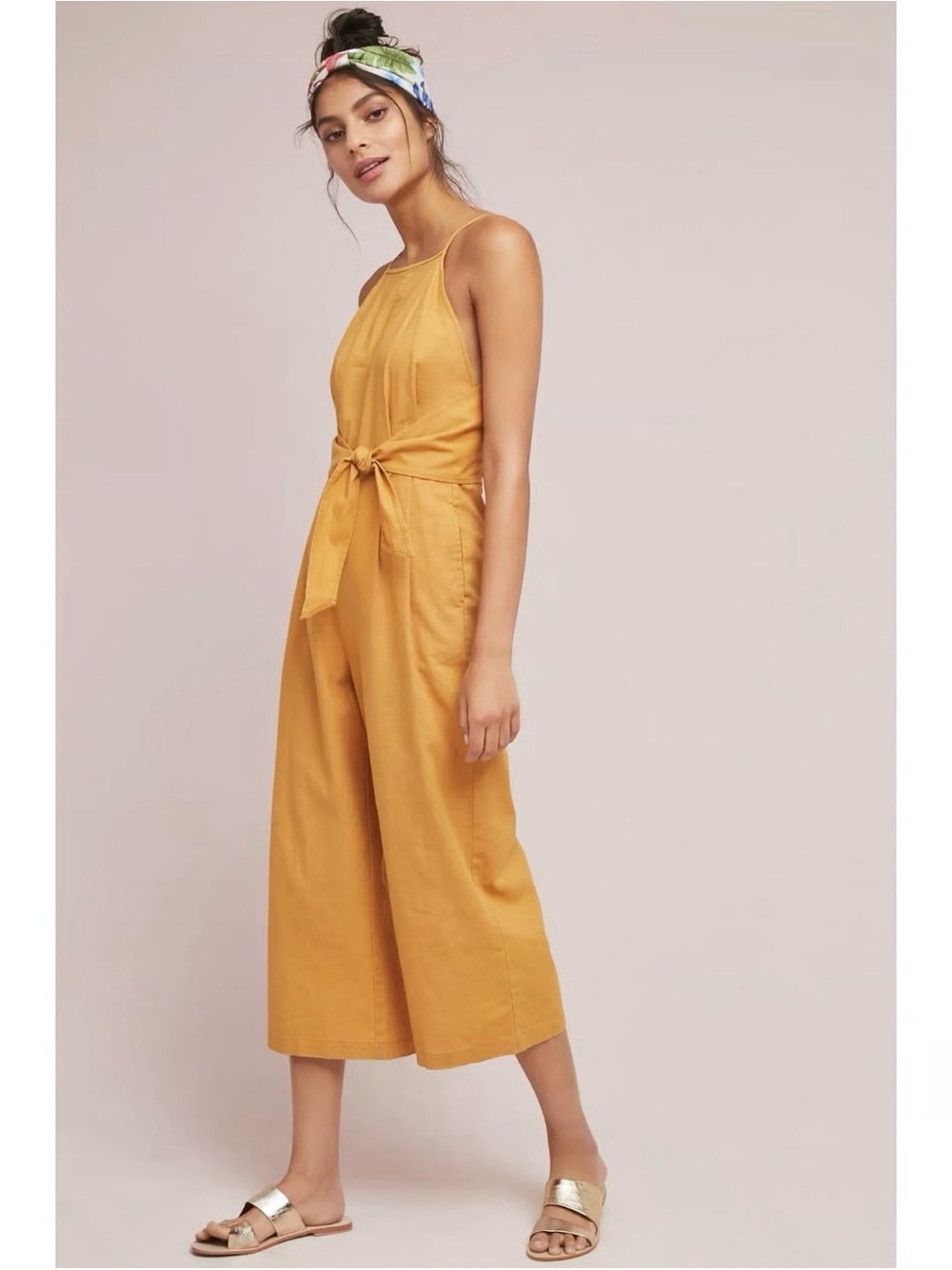 Greylin Anthropologie Linen Blend Cropped Tied Jumpsuit Size XSP